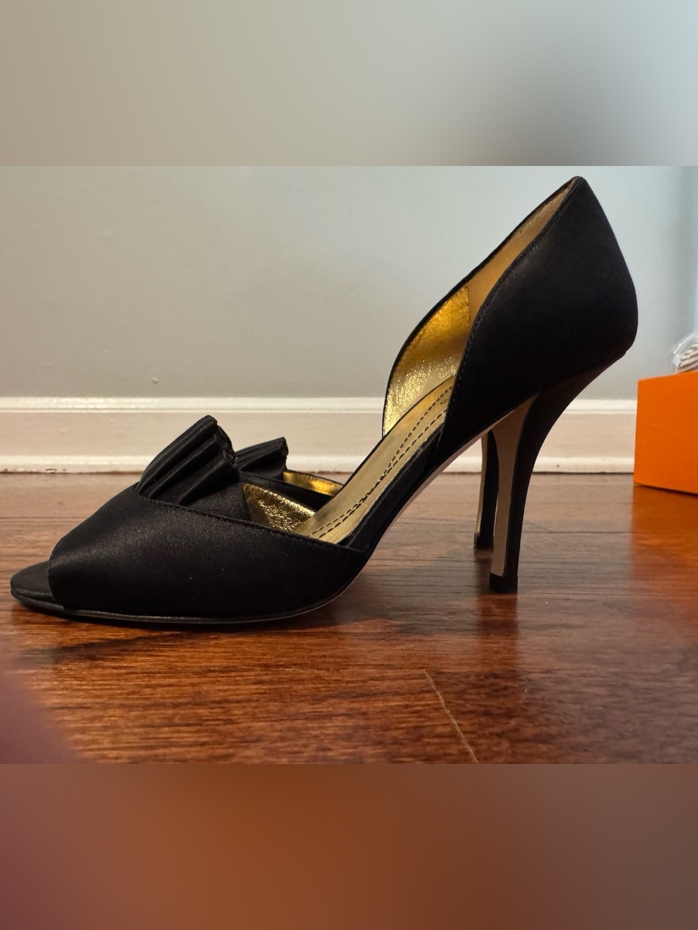 kate spade Black Satin Peep-Toe D'Orsay Pumps with Bow Accent